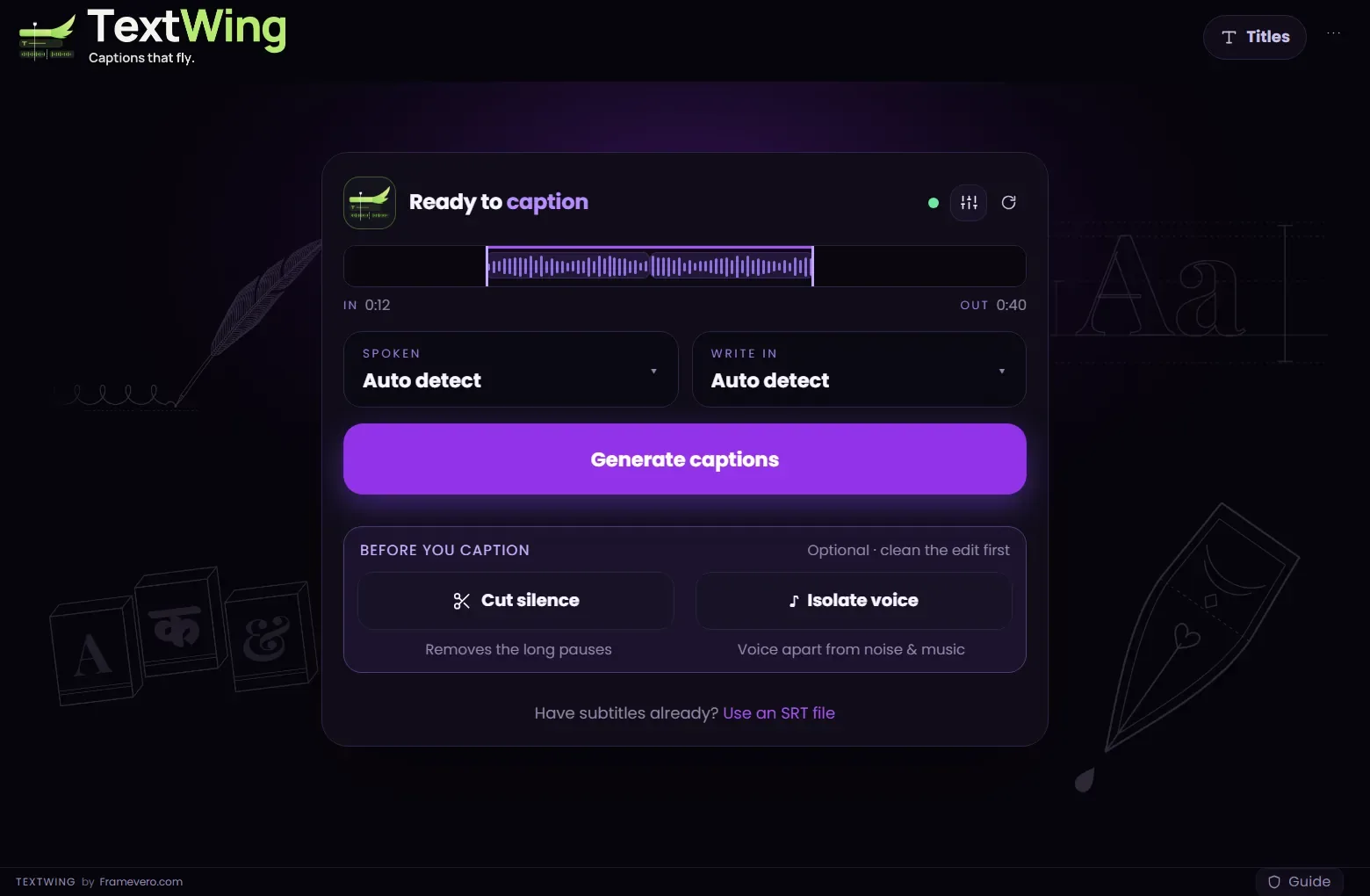 TextWing start card with Cut silence