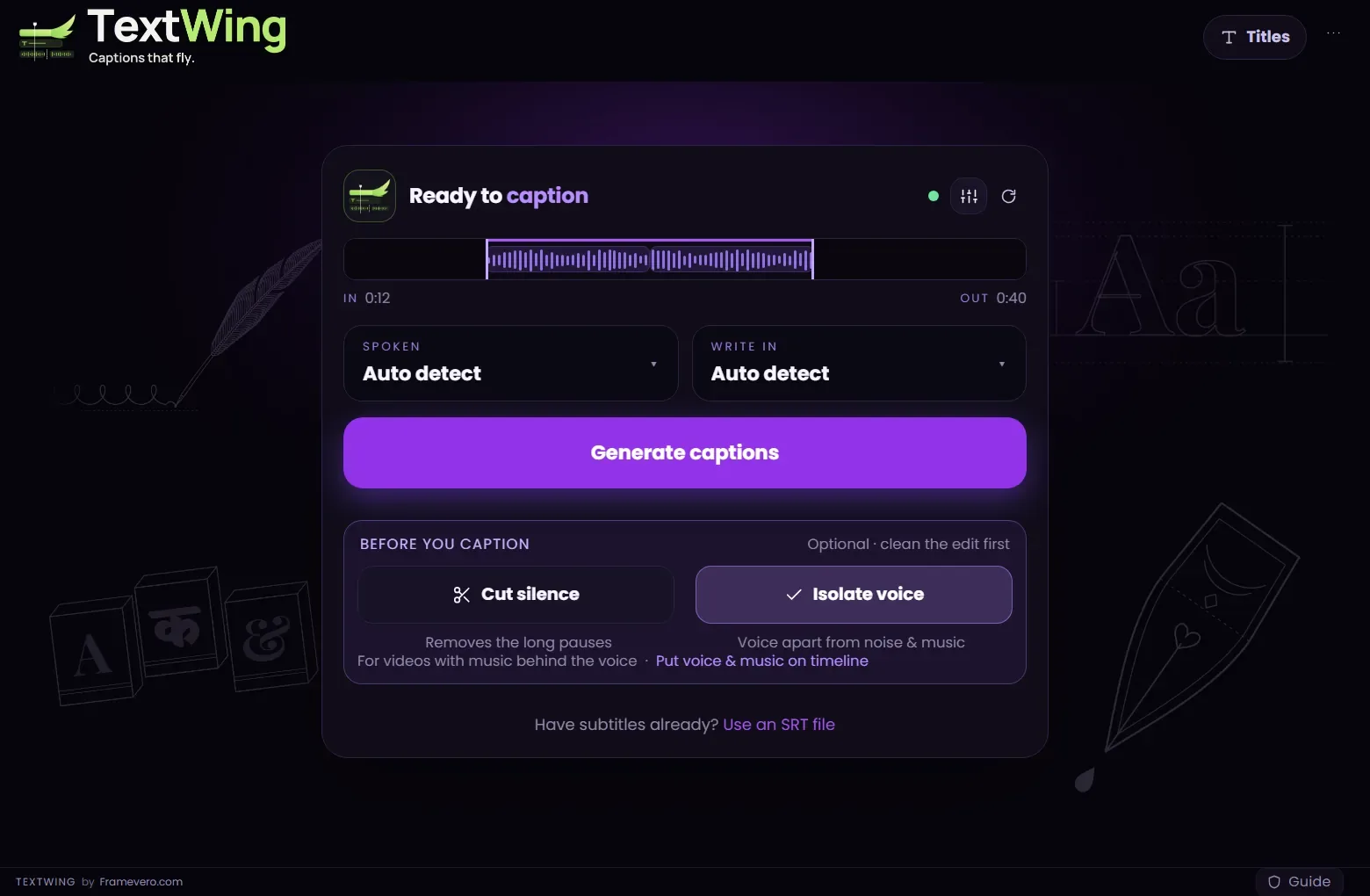 TextWing Isolate voice switched on