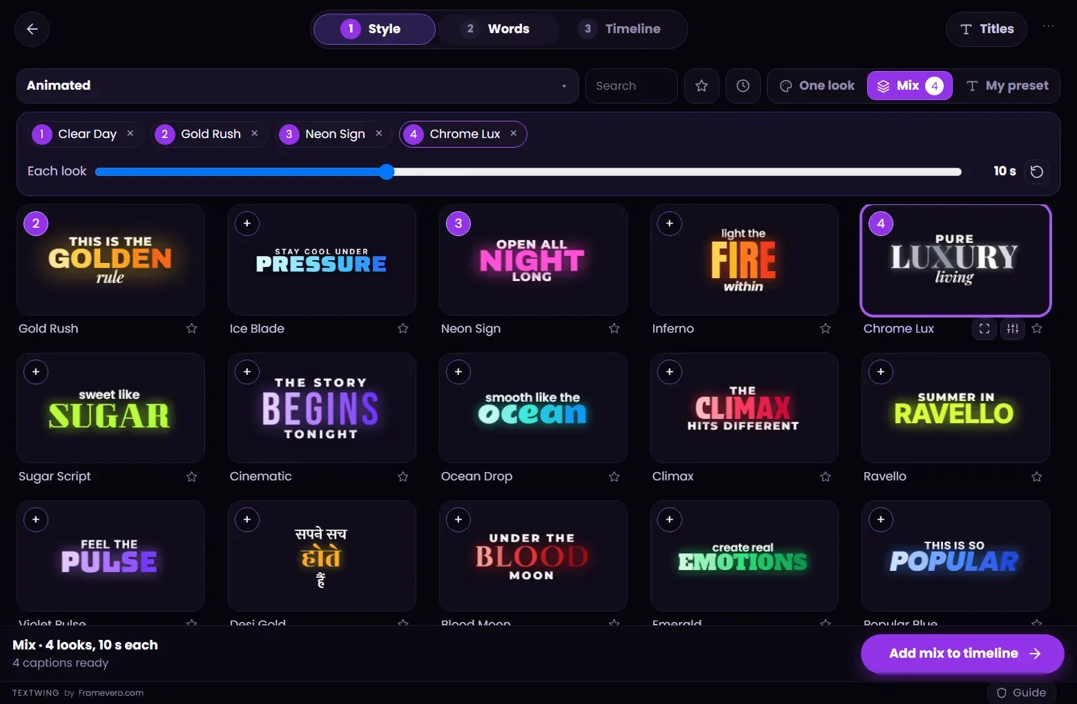 TextWing Mix mode: four looks chosen, each shown for 10 seconds