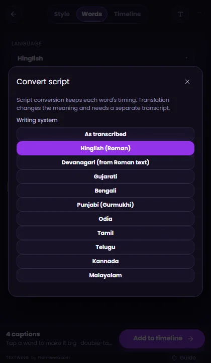 TextWing Convert script: Hinglish, Devanagari and other Indian scripts