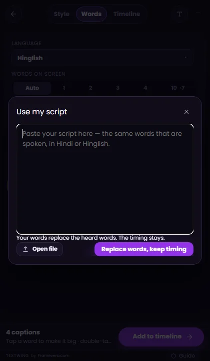 TextWing My script: paste your script, words replaced and timing kept