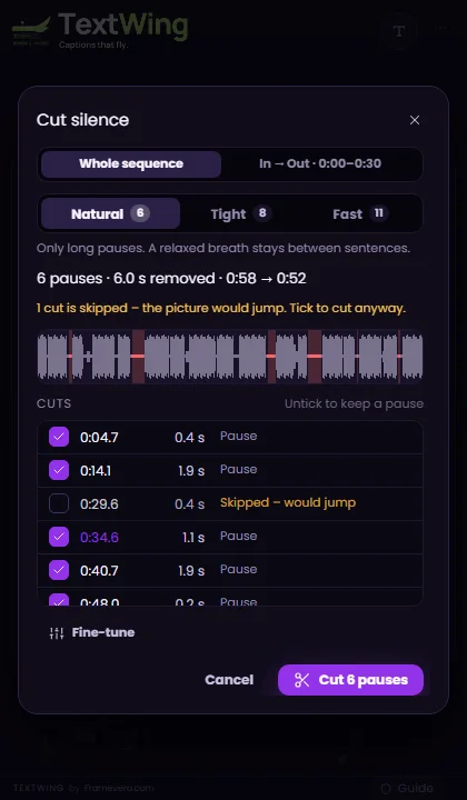 TextWing list of pauses to cut