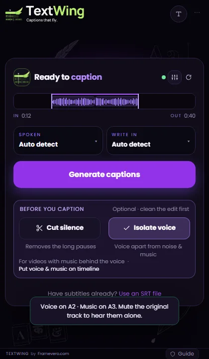 TextWing message: voice on A2, music on A3