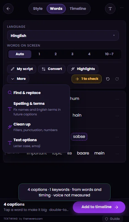TextWing Words More menu: Find and replace, Spelling and terms, Clean up, Text options