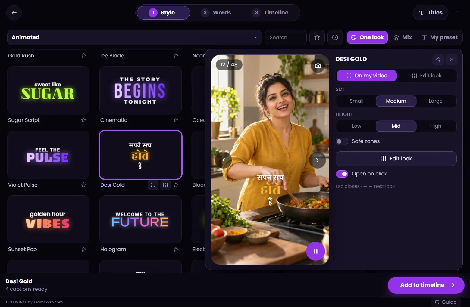 TextWing Hindi caption look previewed on a vertical video