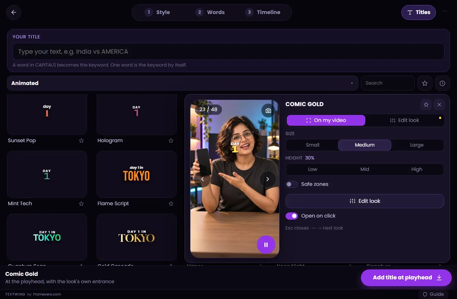TextWing Titles: typed text shown in every look card, Add title at playhead