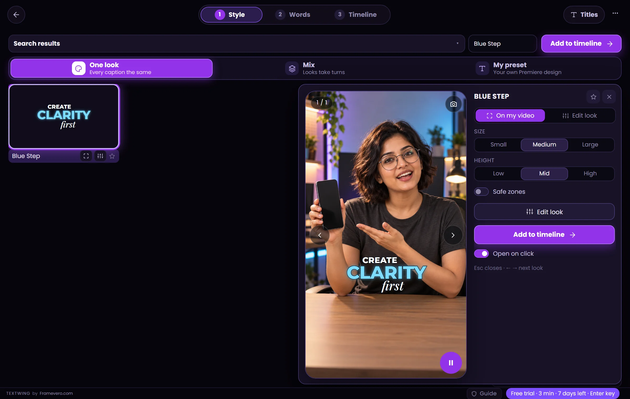TextWing in Premiere Pro during the free trial: a look on a creator's video, Add to timeline, and the trial pill