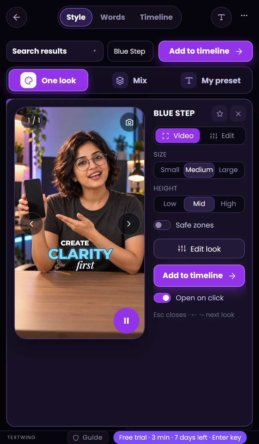 A look picked in the free trial, with Add to timeline and the trial pill